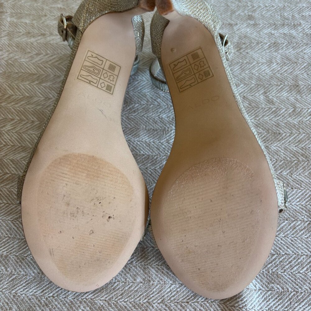 Aldo Gold Open Toe Rhinestone Ankle Strap Heels - Picture 5 of 5
